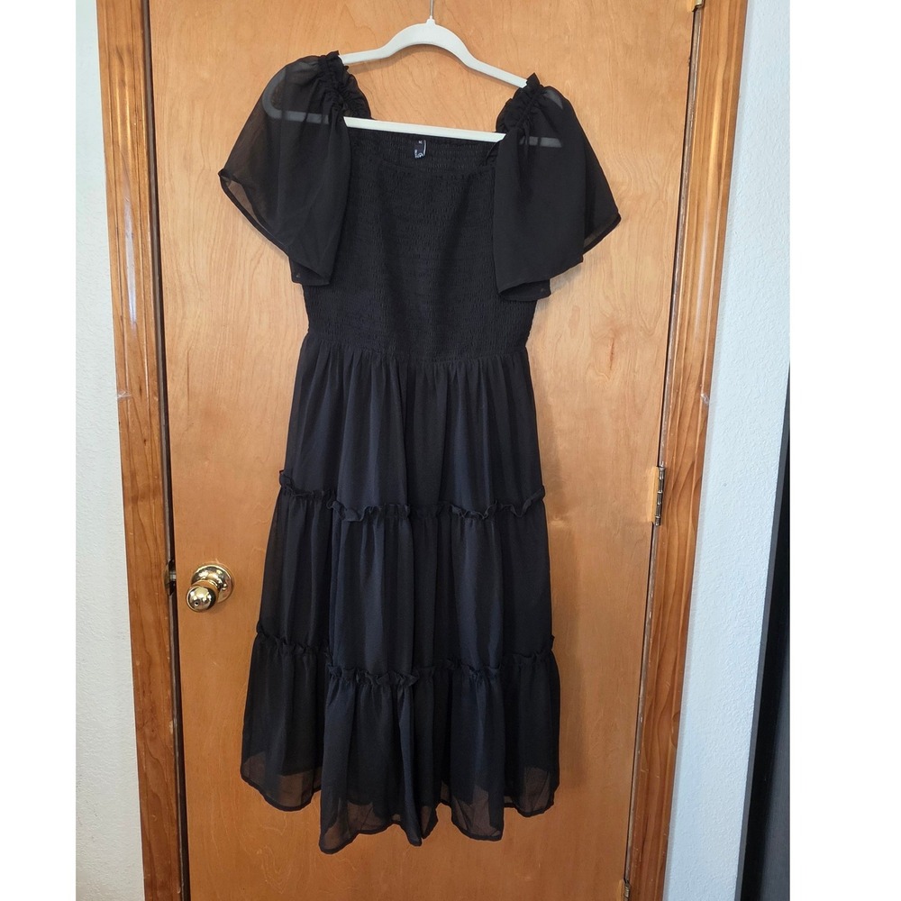 LILLUSORY Black Smocked Bodice Tiered Midi Dress Flutter Sleeve Coquette Size M